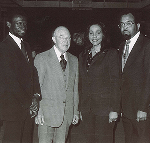 Spring 1980 (l-r): Lawrence E. Carter, Sr., founding dean of Morehouse College's Martin Luther King, Jr. International Chapel; L. Harold DeWolf, King's dissertation director; Coretta Scott King; and Erskine. Photo courtesy of Erskine.